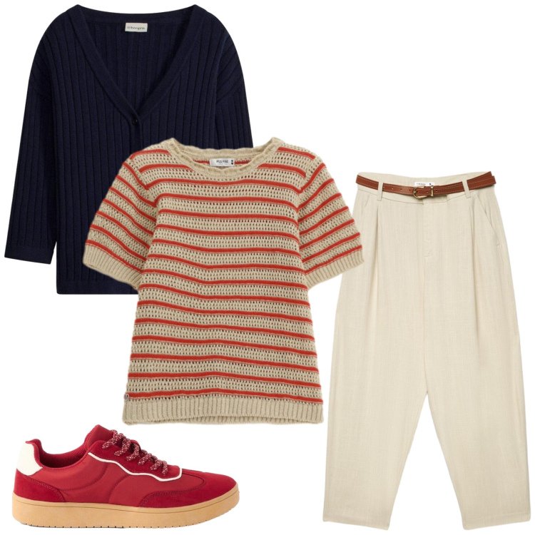 Outfit donna - Paola. Stile Casual chic per Tutti i giorni. Abbinamento con sneakers, cardigans, pantaloni chino, t-shirt.