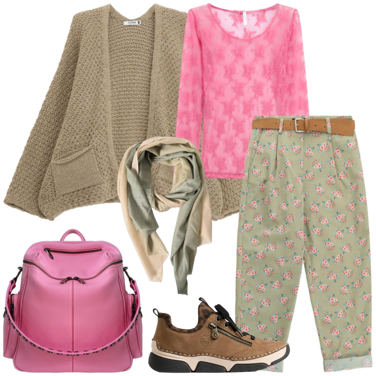 Outfit donna - Total look #2472528. Stile Casual per Tutti i giorni. Abbinamento con sneakers, t-shirt, pantaloni chino, cardigans, foulard, zaini.