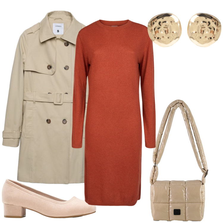 Outfit donna - Fanny. Stile Casual chic per Tutti i giorni. Abbinamento con décolleté, orecchini, vestiti midi/longuette, trench, borse a spalla.
