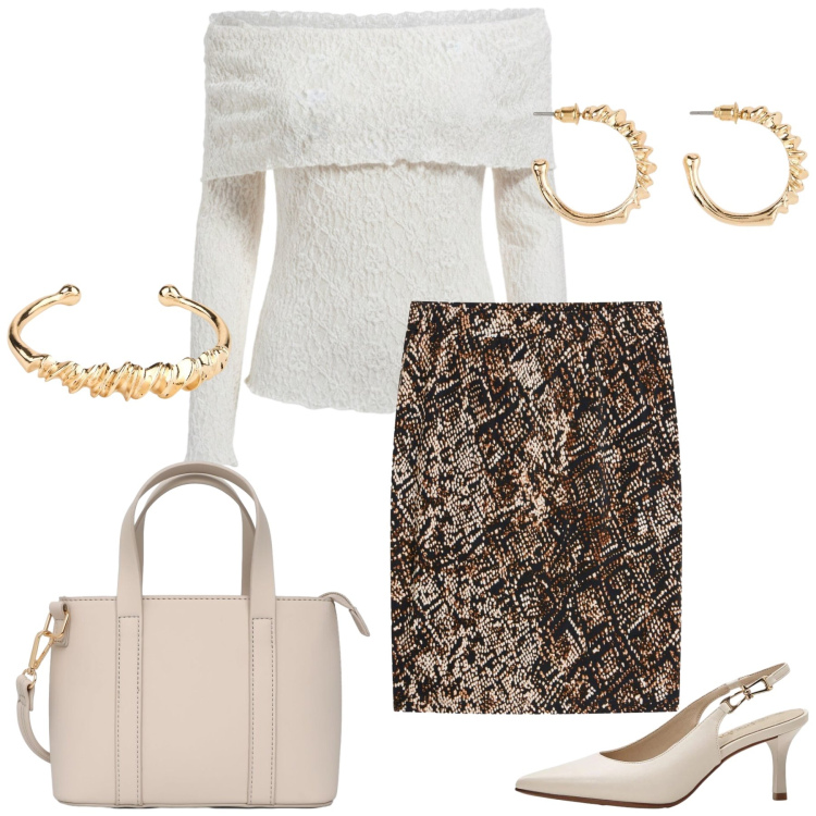 Outfit donna - Total look #2472530. Stile Chic per Ufficio. Abbinamento con décolleté, orecchini, braccialetti, gonne longuette, borse a tracolla, bluse.