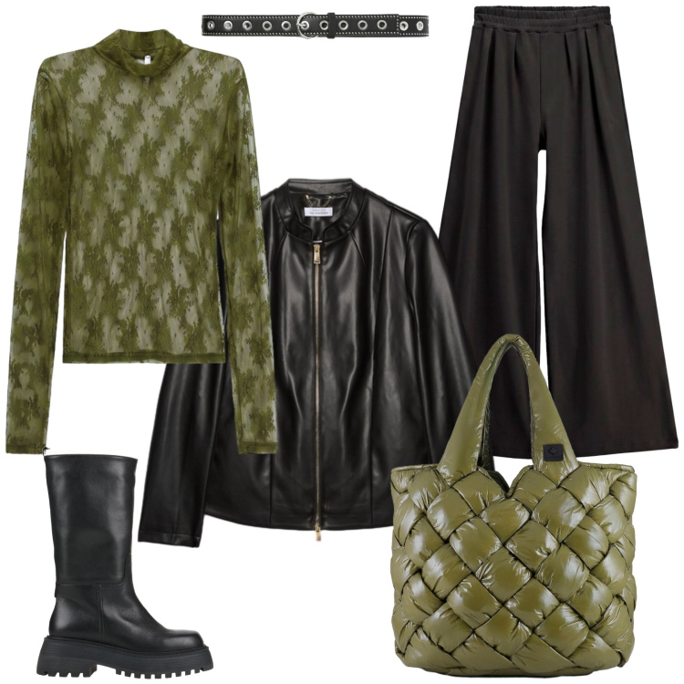 Outfit donna - Rita. Stile Casual chic per Tutti i giorni. Abbinamento con stivali, cinture, t-shirt, pantaloni a palazzo, borse tote, giacche.