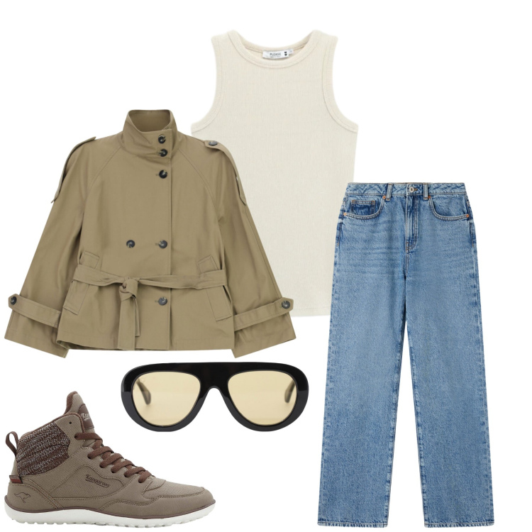 Outfit donna - Monica. Stile Casual chic per Tutti i giorni. Abbinamento con sneakers alte, occhiali da sole, trench, jeans dritti, canottiere.