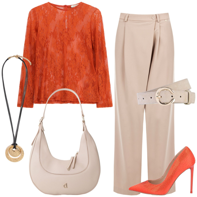 Outfit donna - Total look #2472537. Stile Chic per Tutti i giorni. Abbinamento con décolleté, cinture, top, borse a tracolla, pantaloni a palazzo, ciondoli.