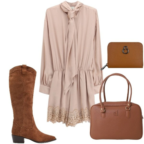 Outfit donna - Tuta romantica in città. Stile Romantica per Tutti i giorni. Abbinamento con stivali, tuta corta, borse a mano, portafogli.