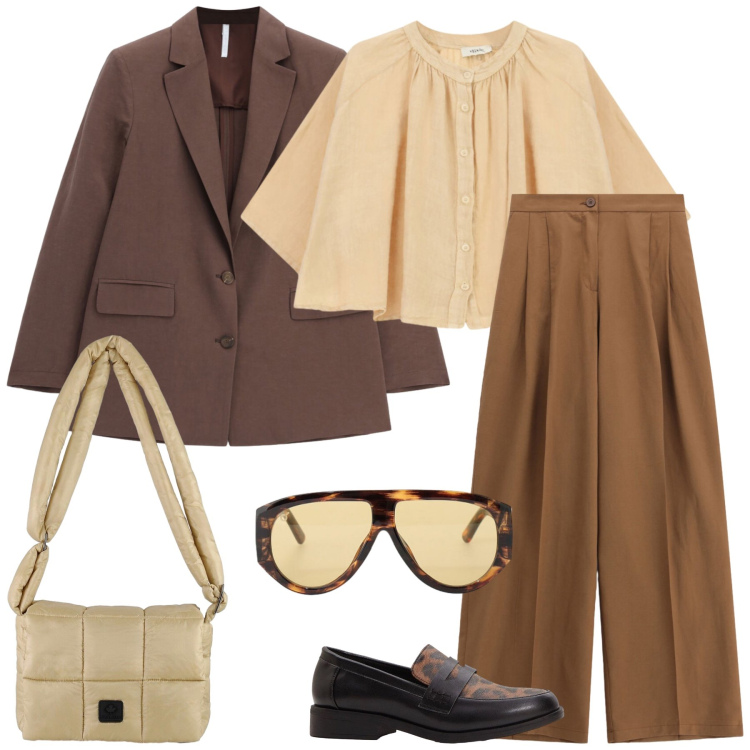 Outfit donna - Total look #2472541. Stile Mannish per Tutti i giorni. Abbinamento con mocassini, pantaloni a palazzo, blazer, occhiali da sole, camicie a manica corta, borse a spalla.