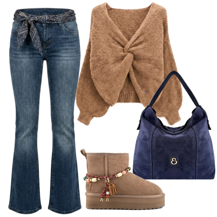 Outfit donna - Country suede. Stile Boho per Tutti i giorni. Abbinamento con maglieria, borse a spalla, jeans bootcut, stivaletti.