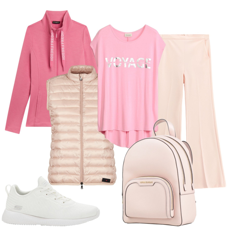 Outfit donna - Cecilia. Stile Casual chic per Tutti i giorni. Abbinamento con zaini, t-shirt, sneakers, felpe, pantaloni, piumini.