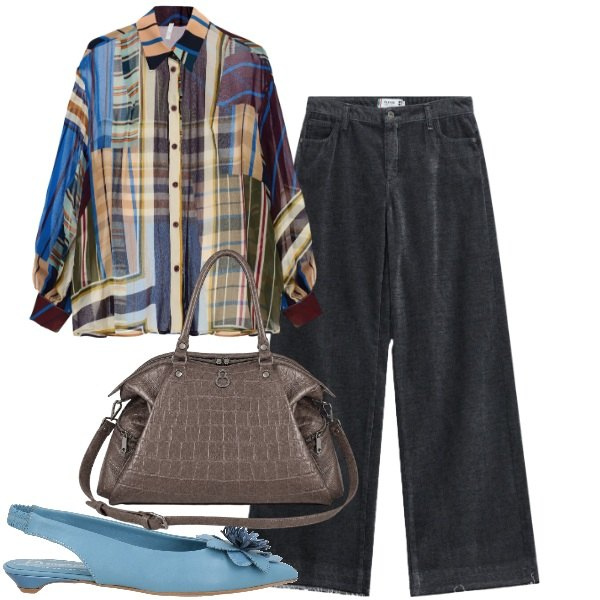 Outfit donna - Un po\' di colore a illuminare l\'autunno. Stile Trendy per Tutti i giorni. Abbinamento con ballerine, camicie, jeans, shopping bag.