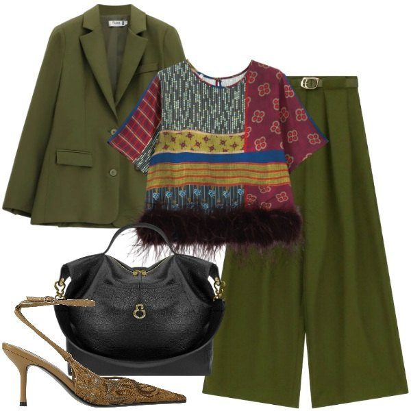 Outfit donna - Il trailleur la sera. Stile Trendy per Serata fuori. Abbinamento con décolleté, top, pantaloni a palazzo, blazer, borse a spalla.