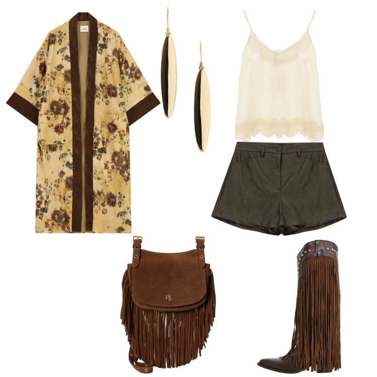Outfit donna - Total look #2472560. Abbinamento con shorts, kimono, top, stivaletti texani, borse a tracolla, orecchini.