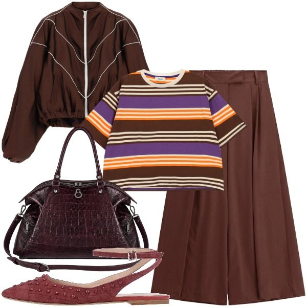 Outfit donna - In città. Stile Casual chic per Tutti i giorni. Abbinamento con ballerine, pantaloni a palazzo, bomber, t-shirt, shopping bag.