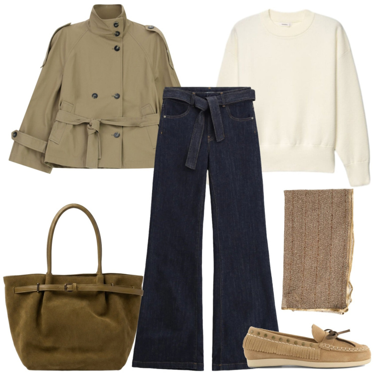 Outfit donna - Dark denim - il jeans per l\'autunno. Stile Casual chic per Tutti i giorni. Abbinamento con maglieria, trench, jeans a zampa, borse a spalla, stole, mocassini.