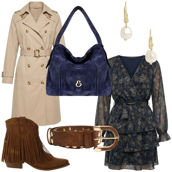 Outfit donna - Speciale accessori suede. Stile Glamour per Serata fuori. Abbinamento con stivaletti texani, borse a spalla, trench, cinture, vestiti corti, orecchini.