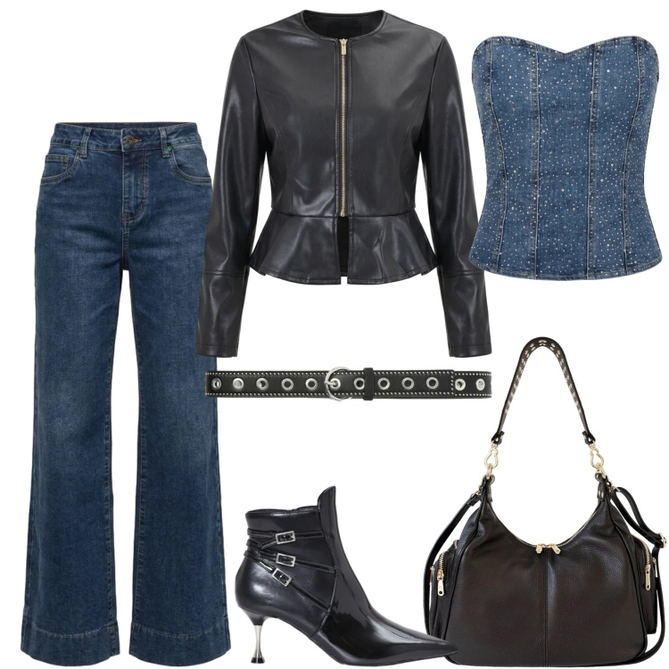 Outfit donna - Dark denim - il jeans per l\'autunno. Stile Rock per Serata fuori. Abbinamento con cinture, giacche, stivaletti, borse a spalla, jeans a zampa, top.