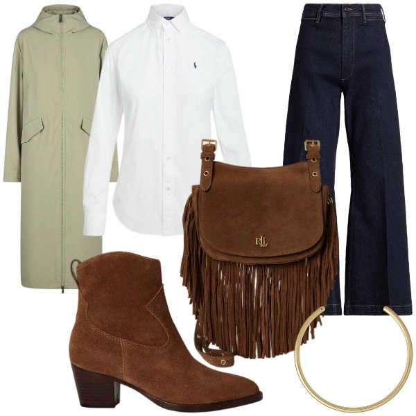 Outfit donna - accessori in pelle scamosciata. Stile Glamour per Tutti i giorni. Abbinamento con trench, camicie, borse a tracolla, collane, jeans, stivaletti.