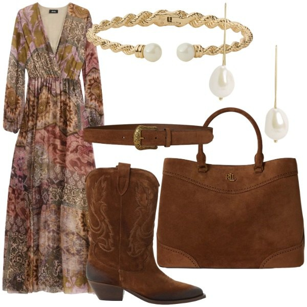 Outfit donna - Speciale accessori in suede. Stile Glamour per Tutti i giorni. Abbinamento con vestiti lunghi, stivaletti texani, cinture, orecchini, borse a mano, braccialetti.
