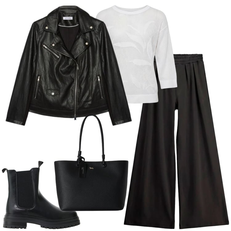 Outfit donna - Total look #2472585. Stile Urban per Ufficio. Abbinamento con maglieria, shopping bag, stivaletti chelsea, pantaloni a palazzo, giacche.