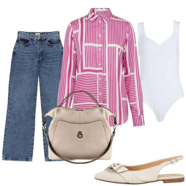 Outfit donna - Jeans body e camicia. Stile Casual chic per Tutti i giorni. Abbinamento con body, ballerine, camicie, jeans, borse a mano.