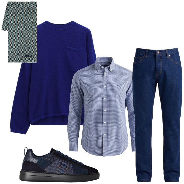 Outfit uomo - Total look #2472587. Stile Trendy per Ufficio. Abbinamento con sneakers, camicie, sciarpe, jeans, maglieria.