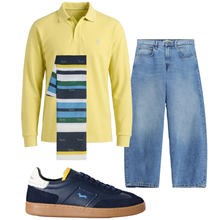 Outfit uomo - Sabato mattina. Stile Trendy per Tutti i giorni. Abbinamento con polo, sneakers, sciarpe, jeans.