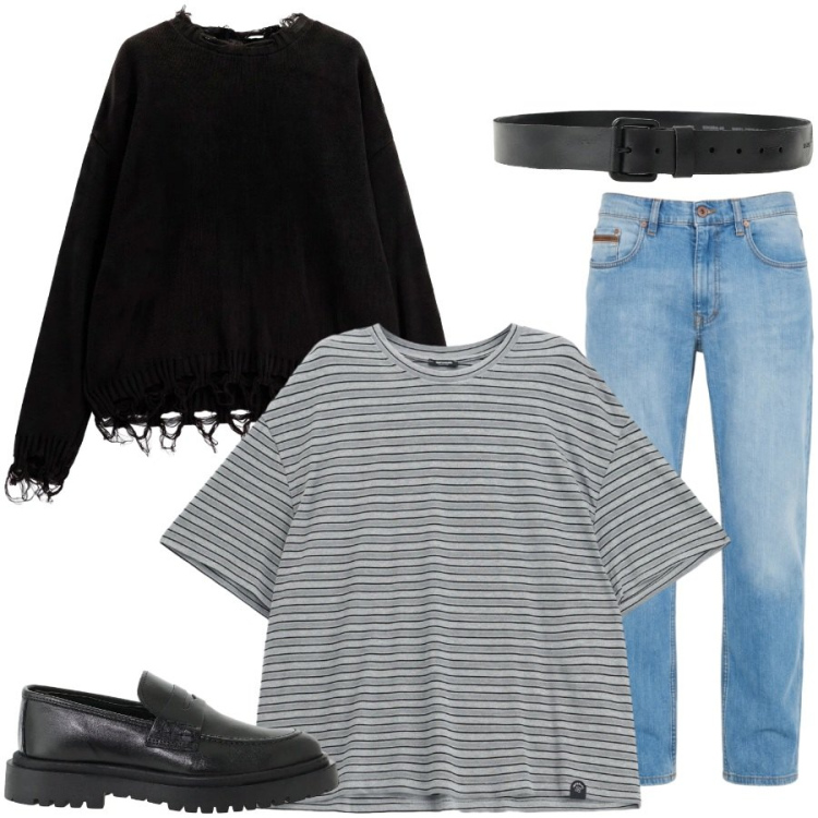 Outfit uomo - Mattia. Stile Casual per Ufficio. Abbinamento con jeans, t-shirt, cinture, maglieria, scarpe stringate.