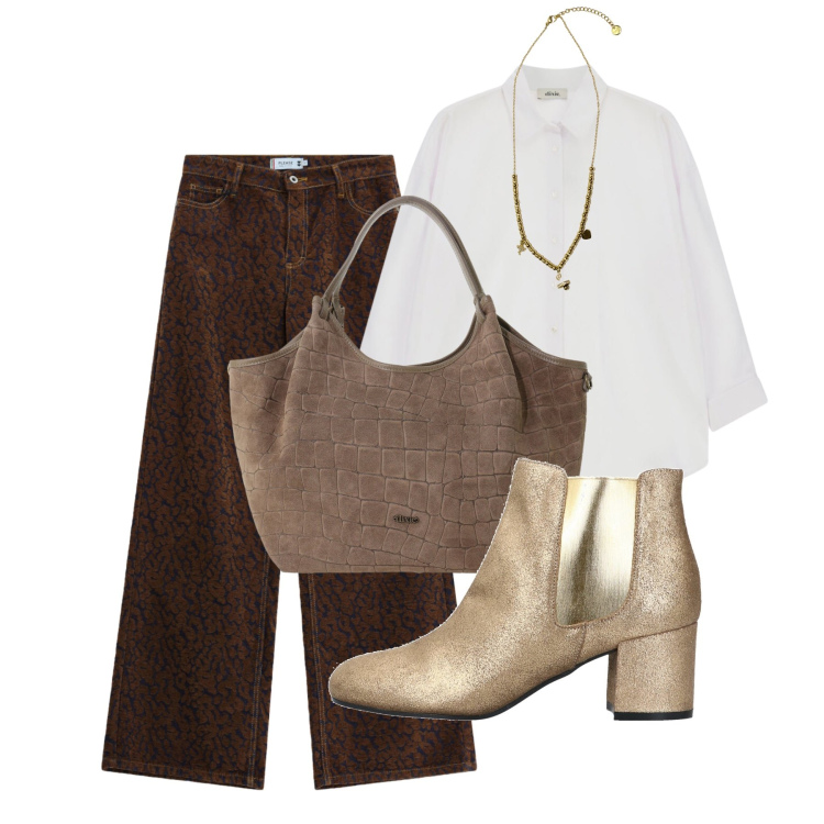 Outfit donna - Comoda e chic per tutti i giorni. Stile Trendy per Ufficio. Abbinamento con stivaletti chelsea, ciondoli, pantaloni a palazzo, borse a spalla, camicie.