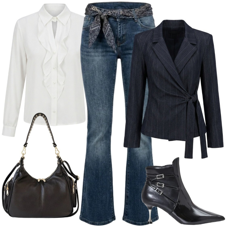 Outfit donna - Jeans Nunalie. Stile Chic per Ufficio. Abbinamento con stivaletti, camicie, borse a spalla, jeans, blazer.