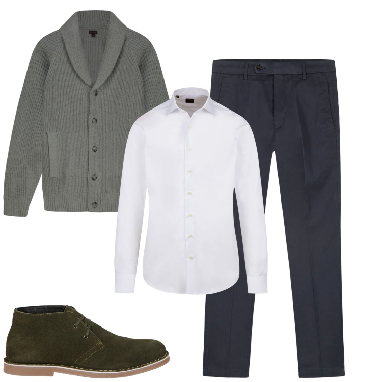Outfit uomo - Fall. Stile Urban per Tutti i giorni. Abbinamento con cardigans, pantaloni chino, camicie, stivali e stivaletti.
