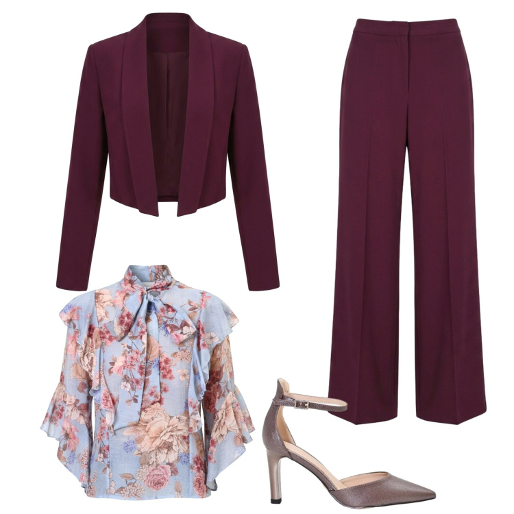 Outfit donna - Total look #2472605. Stile Casual chic per Cerimonia. Abbinamento con bluse, pantaloni a palazzo, blazer, décolleté.