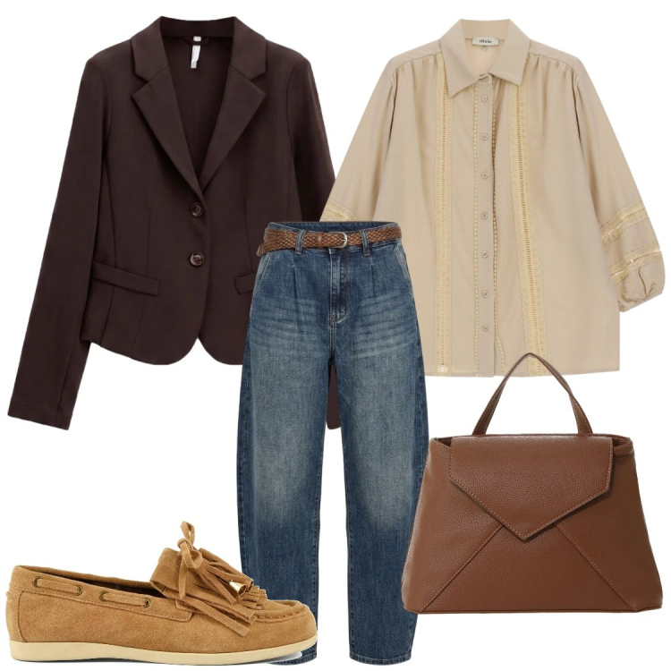 Outfit donna - Jeans barrel. Stile Chic per Ufficio. Abbinamento con blazer, borse a mano, camicie, jeans, mocassini.