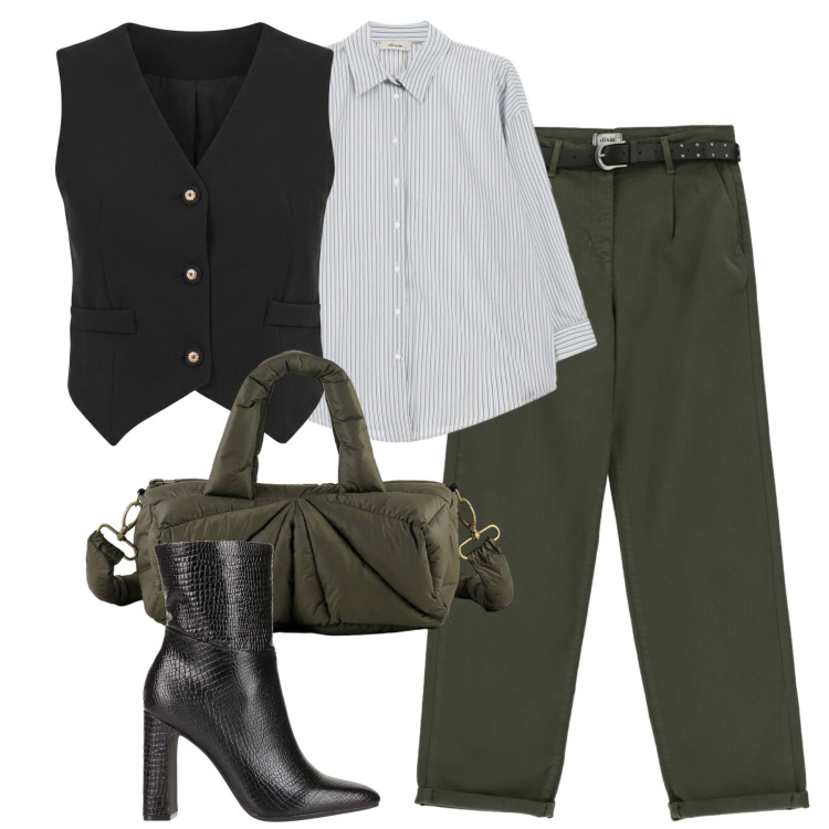 Outfit donna - City. Stile Casual chic per Tutti i giorni. Abbinamento con stivaletti, camicie, pantaloni, gilet, borse a mano.