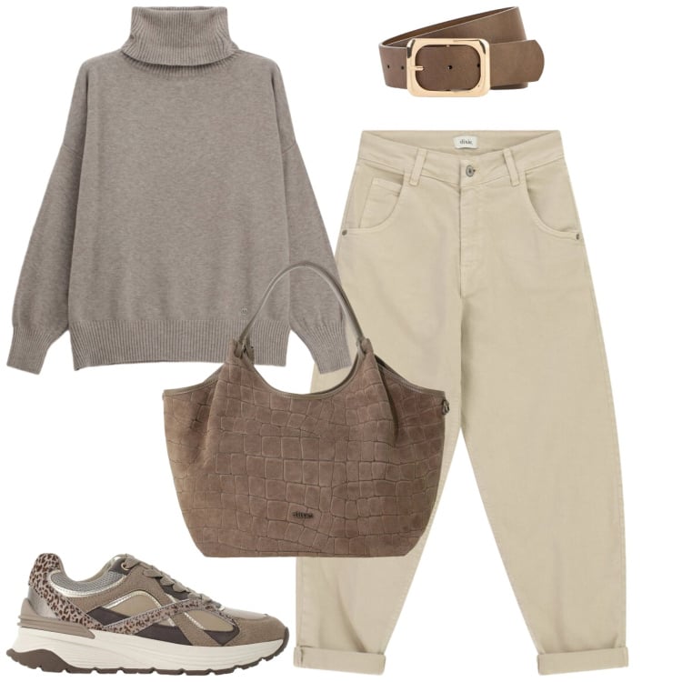 Outfit donna - City. Stile Casual chic per Tutti i giorni. Abbinamento con cinture, sneakers, borse a spalla, pantaloni chino, maglieria.