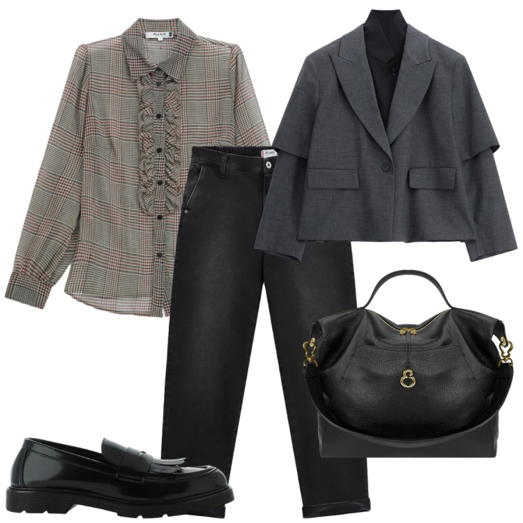 Outfit donna - Autunno in città. Stile Chic per Ufficio. Abbinamento con blazer, camicie, jeans, mocassini, borse a spalla.