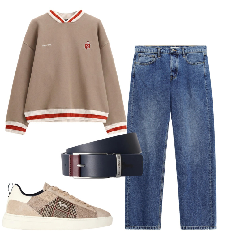 Outfit uomo - Fall. Stile Casual per Tutti i giorni. Abbinamento con sneakers, cinture, jeans, felpe.