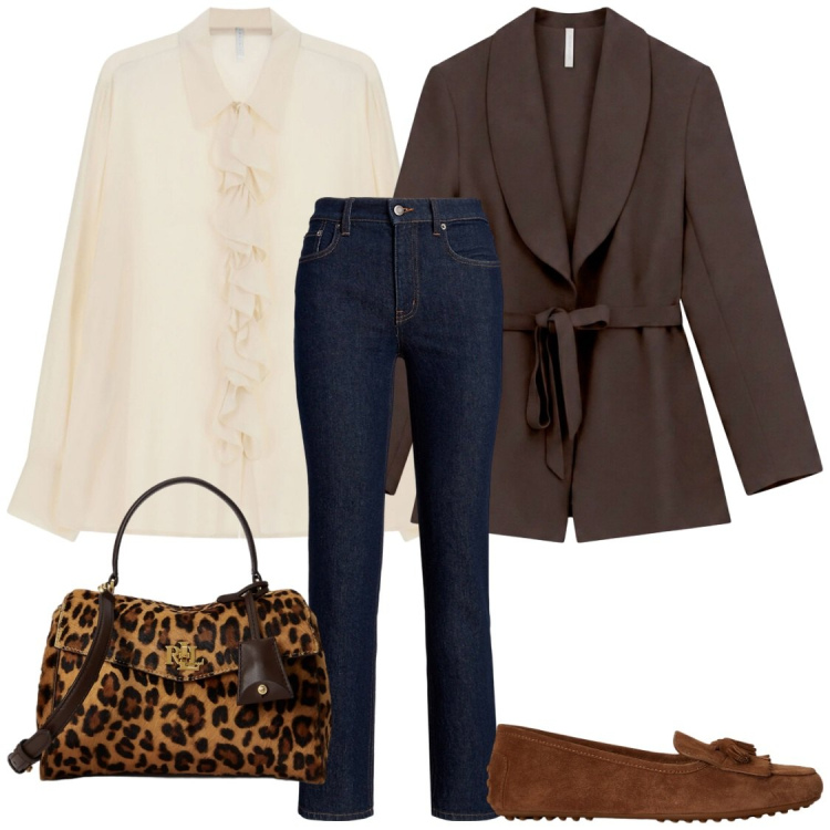 Outfit donna - Grinta raffinata. Stile Chic per Ufficio. Abbinamento con blazer, camicie, jeans bootcut, borse a mano, mocassini.