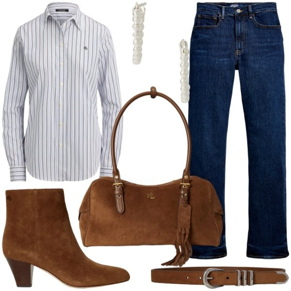 Outfit donna - accessori suede.. Stile Glamour per Tutti i giorni. Abbinamento con cinture, camicie, jeans dritti, orecchini, borse a spalla, stivaletti.