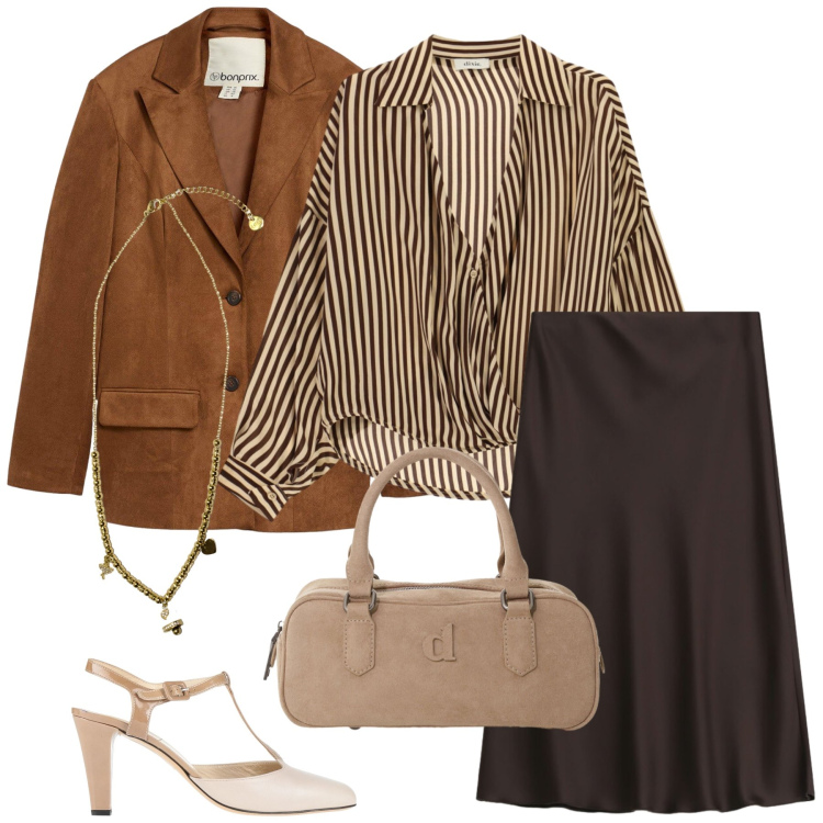 Outfit donna - Total look #2472626. Stile Casual chic per Tutti i giorni. Abbinamento con décolleté, blazer, ciondoli, gonne longuette, borse a mano, camicie.