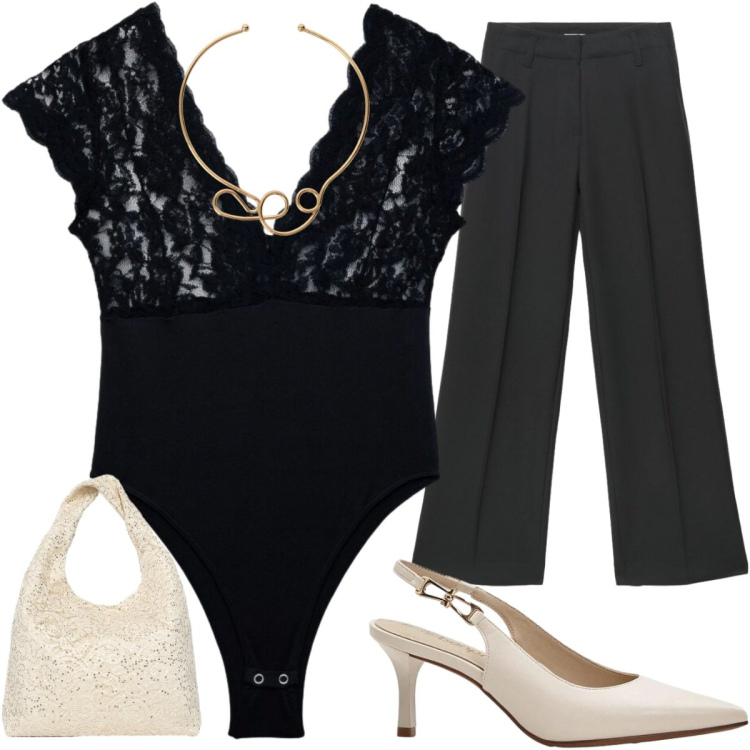Outfit donna - Eleganza senza tempo. Stile Romantica per Serata fuori. Abbinamento con décolleté, top, pantaloni a palazzo, borse a spalla, collane.