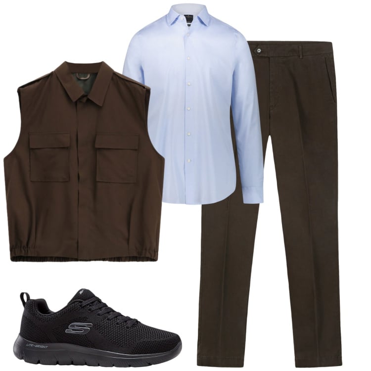 Outfit uomo - City. Stile Urban per Tutti i giorni. Abbinamento con sneakers, gilet, camicie, pantaloni chino.