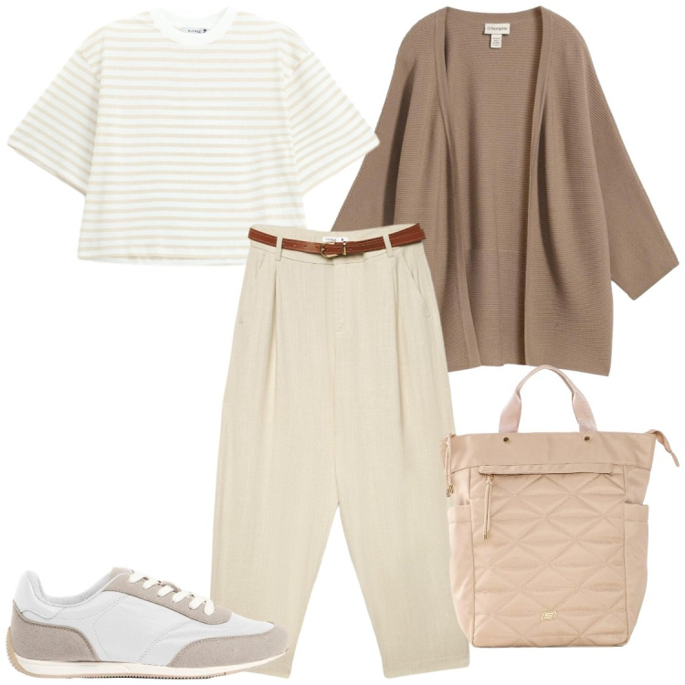 Outfit donna - Weekennd libero. Stile Casual chic per Tutti i giorni. Abbinamento con cardigans, sneakers, zaini, pantaloni chino, t-shirt.