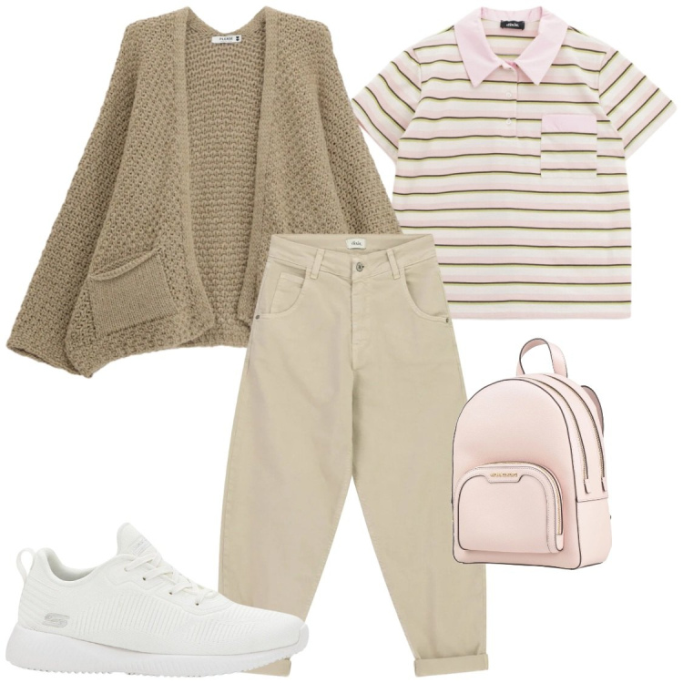 Outfit donna - Trasferte con l\'assiciazione. Stile Casual chic per Tutti i giorni. Abbinamento con zaini, sneakers, cardigans, pantaloni chino, polo.