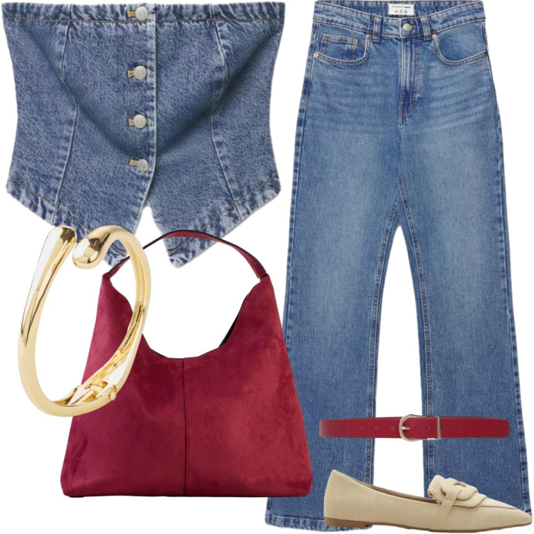 Outfit donna - Double denim casual chic. Stile Casual chic per Tutti i giorni. Abbinamento con braccialetti, borse a spalla, mocassini, top, cinture, jeans bootcut.