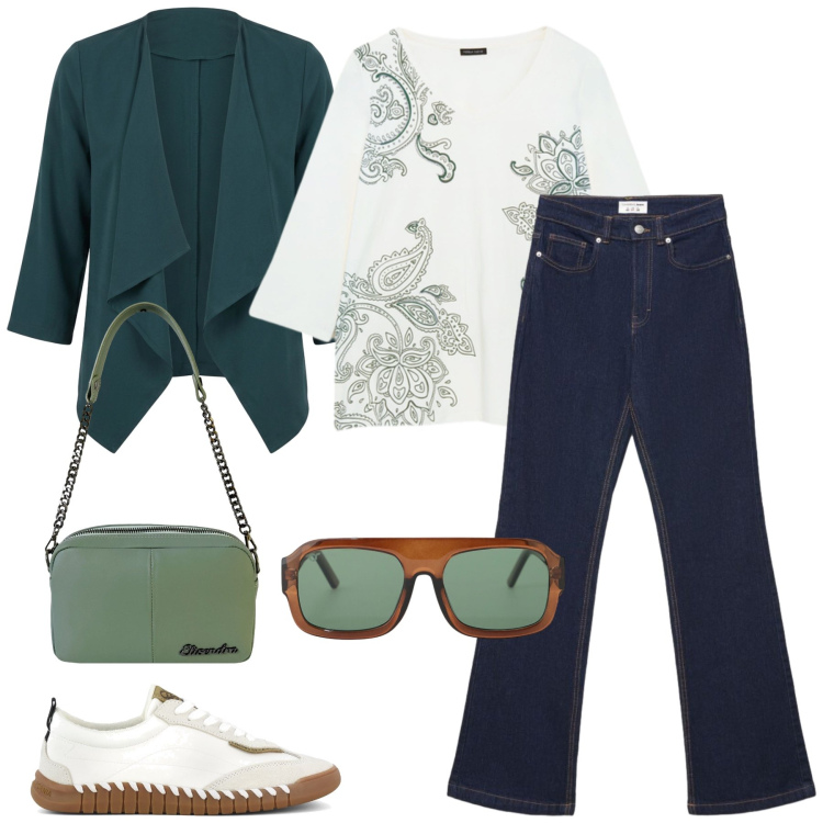 Outfit donna - Total look #2472643. Stile Casual chic per Tutti i giorni. Abbinamento con jeans bootcut, occhiali da sole, t-shirt, borse a tracolla, blazer, sneakers.