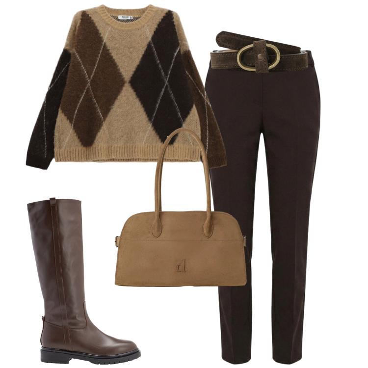 Outfit donna - City. Stile Casual chic per Tutti i giorni. Abbinamento con stivali, borse a spalla, cinture, pantaloni skinny, maglieria.