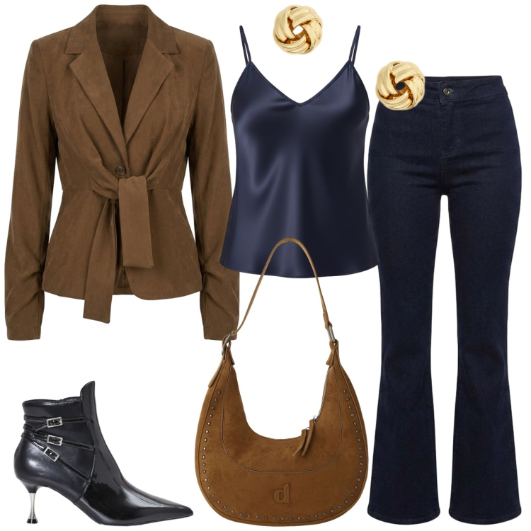 Outfit donna - Total look #2472645. Stile Casual chic per Tutti i giorni. Abbinamento con borse a spalla, canottiere, stivaletti, orecchini, jeans, blazer.