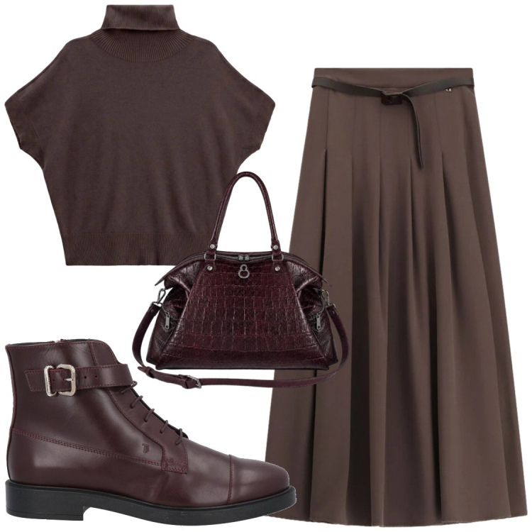 Outfit donna - Cioccolato in autunno. Stile Chic per Ufficio. Abbinamento con stivaletti, t-shirt, gonne lunghe, shopping bag.