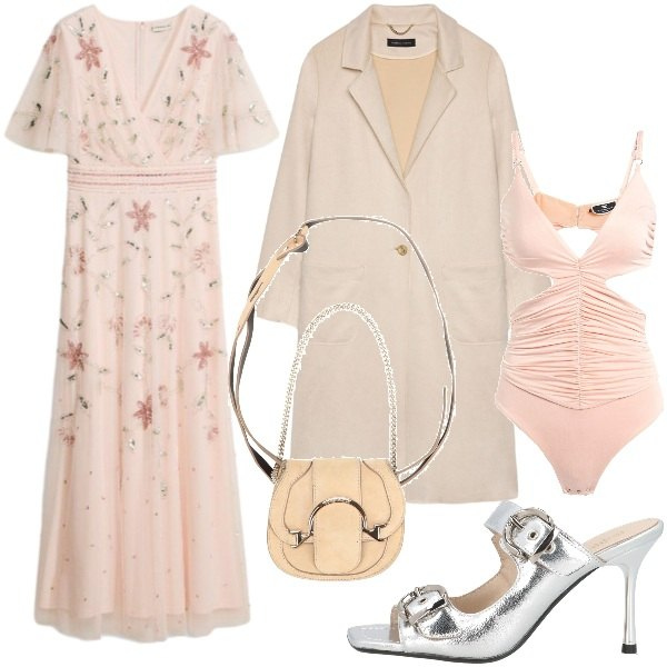Outfit donna - Cerimonia romantica. Stile Romantica per Cerimonia. Abbinamento con sandali in pelle, marsupi, body, vestiti lunghi, cappotti.