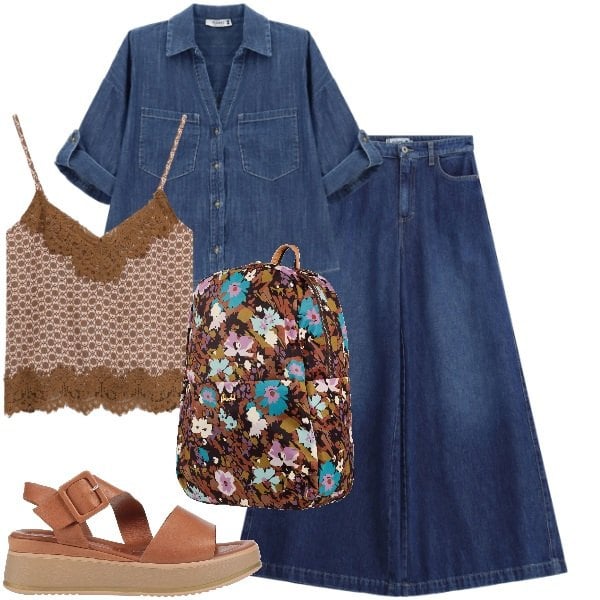 Outfit donna - Total denim in viaggio. Stile Trendy per Tutti i giorni. Abbinamento con valigie, sandali in pelle, camicie, jeans, top.