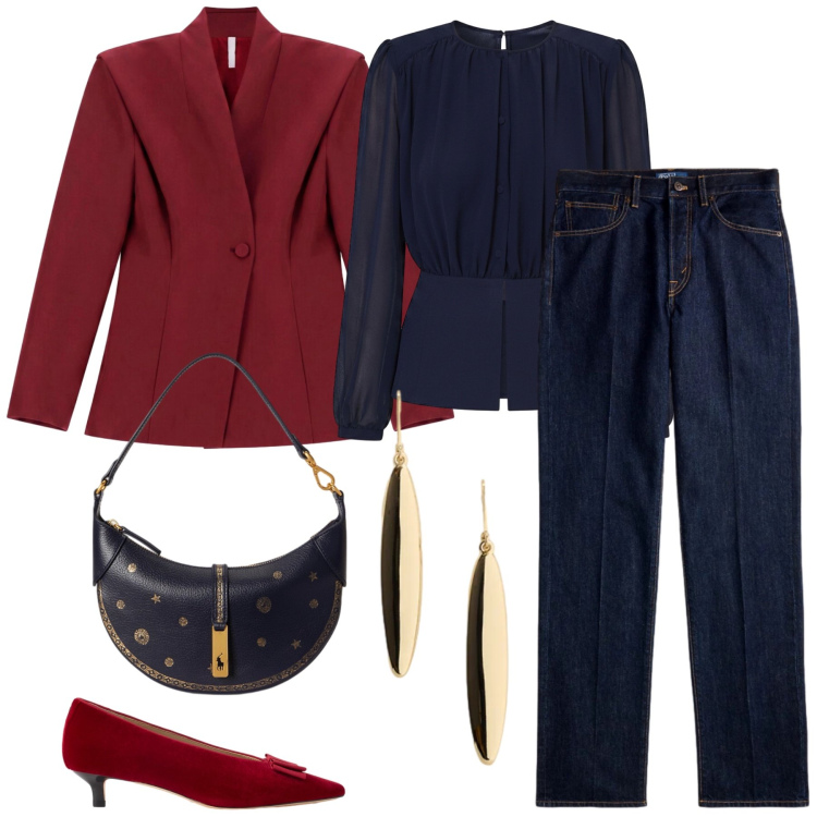 Outfit donna - Total look #2472651. Stile Chic per Serata fuori. Abbinamento con blazer, camicie, jeans dritti, orecchini, borse a spalla, décolleté.