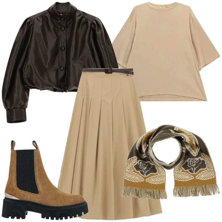 Outfit donna - Total look #2472652. Stile Chic per Ufficio. Abbinamento con sciarpe, stivaletti chelsea, giacche, t-shirt, gonne lunghe.